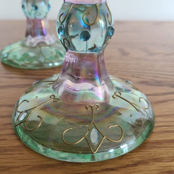 PartyLite Mardi Gras Colorful Tapered Candlestick Holder Pair Set of Two 5" Tall - Picture 8 of 17